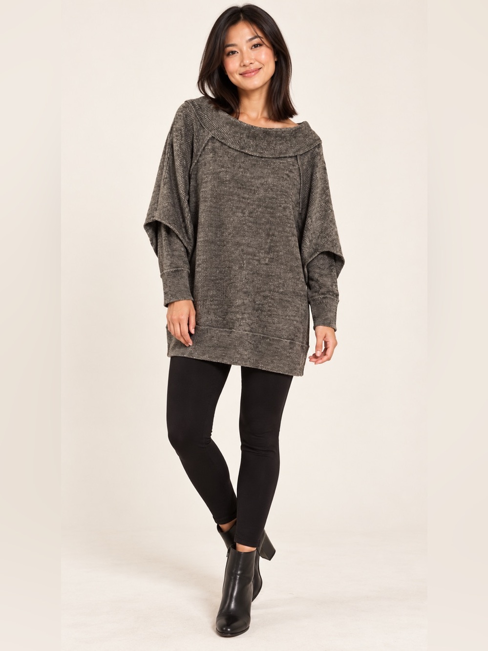 Umgee Charcoal Gray Oversized Cowl Neck Poncho Sweater Tunic M